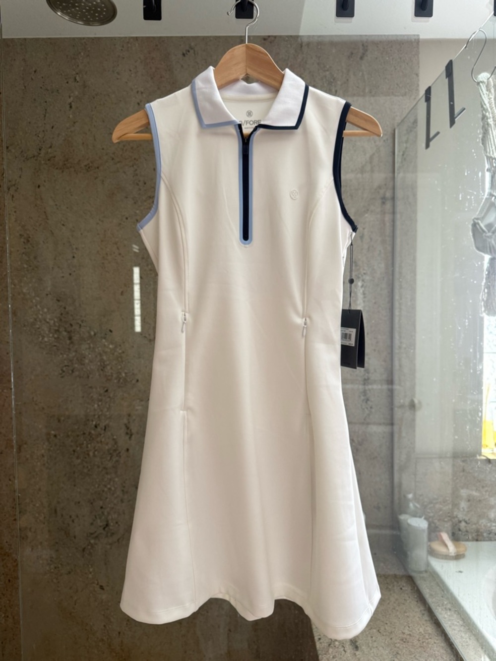 G/FORE White Sleeveless Dress with Navy and Light Blue Trim